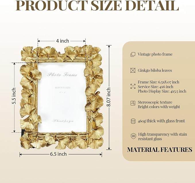 Cuspin Gold Picture Frames 4x6 Vintage Gold Frame, Ornate Leaf Textured Hand-Crafted Resin with Glass Front Antique Photo Frames for Tabletop Display, Retro Design Home Decor
