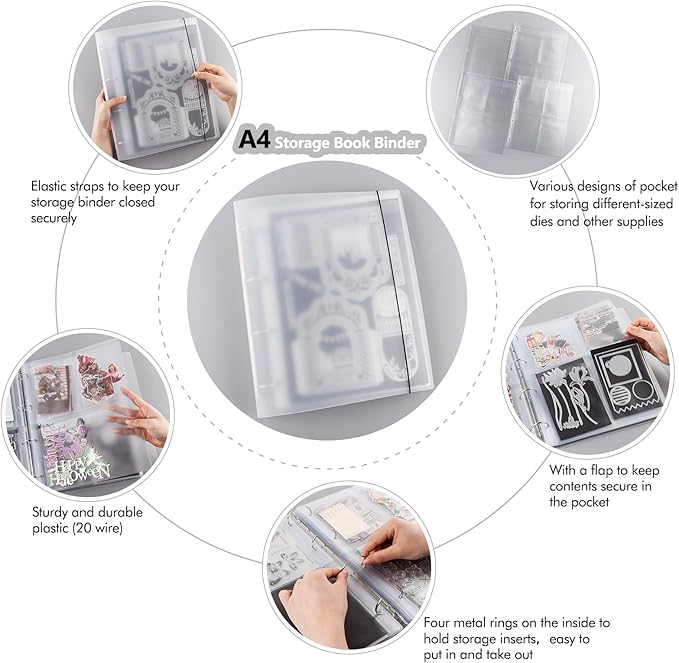 10 Sheet Binder Pockets Inserts with Tree Pockets A4 Size 4 Hole Binder Folder for Dies and Stamps Storage,Waterproof PVC Clear Bags Protectors for Cutting Dies Stencil Album Stamp Crafts Storage