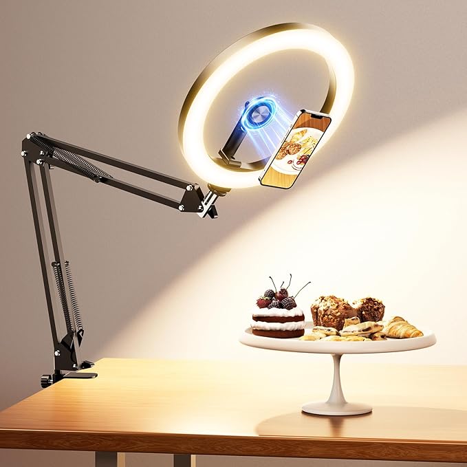 Magnetic Ring Light Overhead Camera Phone Mount for Desk, 10” Selfie Light for iPhone with MagSafe-Compatible Phone Holder for Video Recording, Zoom Meeting, Live Streaming