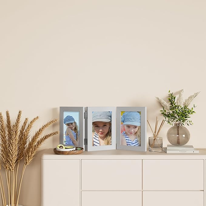 decorUhome Triple 5x7 Picture Frame Vertical, Engineered Wood Trifold Photo Frame with Plexiglass for Tabletop Display, 5x7, Silver