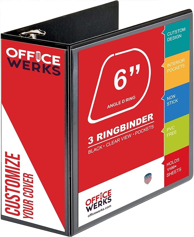 6 Inch 3 Ring Binder with Locking Angle D Rings, Professional Heavy Duty Large Storage Binder with Pockets, Fits 8.5 x 11 Inch Sheets, Non-Stick Clear View Cover, Customizable, Black