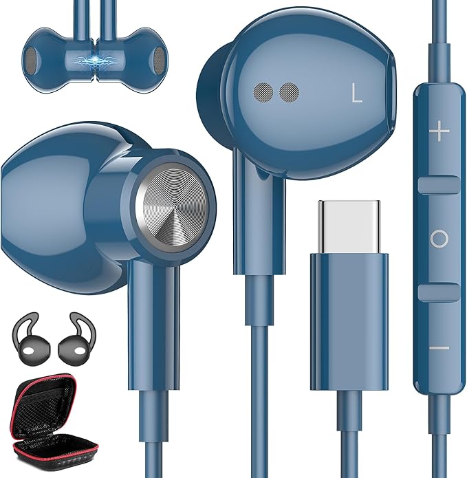 USB C Headphones for Samsung S26 S25 Ultra S24+ 23, Type C Earphones with Microphone Magnet HiFi Stereo Wired Earbuds for iPhone 17 Air 16 Pro Max 15/Galaxy A53 S21 S20 FE Flip 7 6 Fold/Pixel 10, Blue