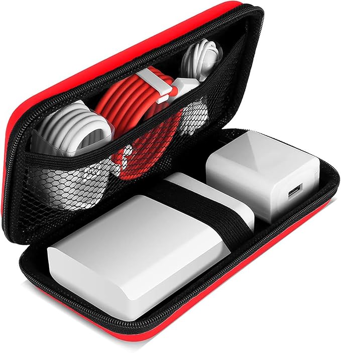 iMangoo Travel Essentials Electronics Organizer Charger Case Portable Dual Zipper Shockproof Pouch Tech Purse Cord Cable Pouches Power Bank Storage Accessories Bag for Women Men,6.5x3.2x1 Red