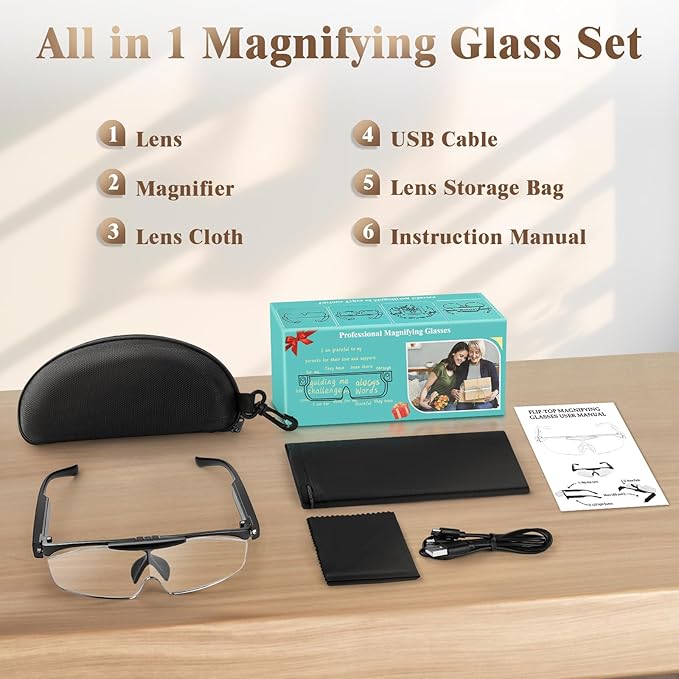 200% Magnifying Glasses with Light, Rechargeable LED Lighted Magnifying Eyewear,Flip-top Hands Free Head Magnifier Eyeglasses for Close Work,Hobbies,Reading,Craft,Jewellery,Sewing Black