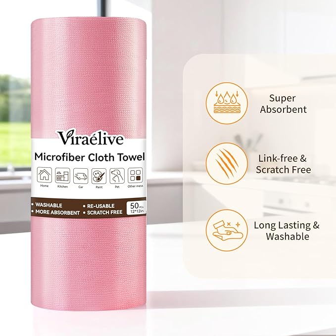 Microfiber Cleaning Cloth Roll, 50 Pack, Absorbent Reusable Towels for Kitchen, Durable Lint-Free, Scratch-Free Dish Rags for Home, Workshop & Screens, Pink Wave Pattern, 12 x 12 in