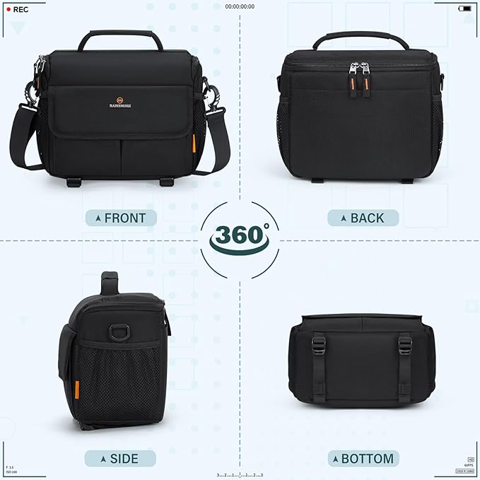 RAINSMORE Camera Bag for DSLR SLR Mirrorless Camera,Small Camera Sling Bag for Photographers Waterproof Camera Case with Tripod Holder Compact Camera Bag Crossbody with Rain Cover Black