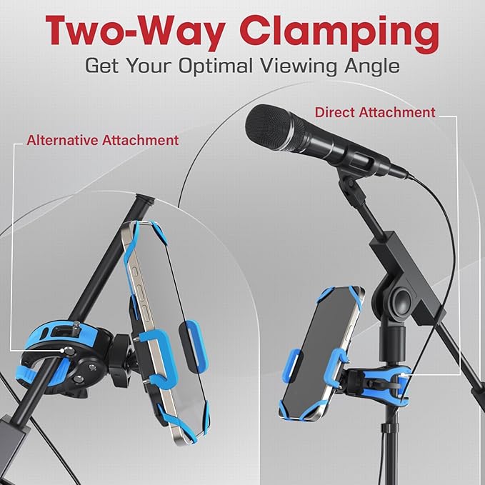 Crescendo CR-30 SlimClip Mic Stand Phone Holder, iPhone Clamp Mount, Pole Phone Mount, Microphone, Music or Drum Stand, Mic/Phone Clip - for iPhone, Samsung Galaxy, Pixel, Any Smartphone (Blue)