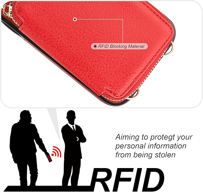 Bocasal RFID Blocking Wallet Case for iPhone 15 Pro Max, Adjustable Crossbody Zipper Purse with Wrist Strap, PU Leather Flip Folio Case 6.7 Inch 5G (Red)