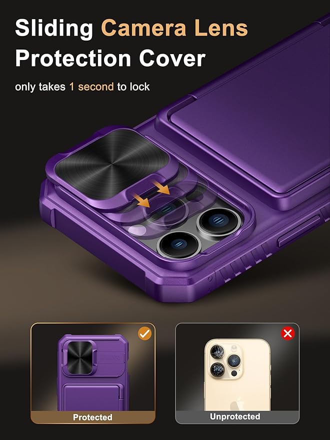Vihibii for iPhone 13 Pro Wallet Case with Card Holder (4 Cards), [RFID Blocking] & Slide Camera Lens Cover & Raised Edges Protect Screen, Shockproof Rugged Case for iPhone 13 Pro, 6.1", Dark Purple