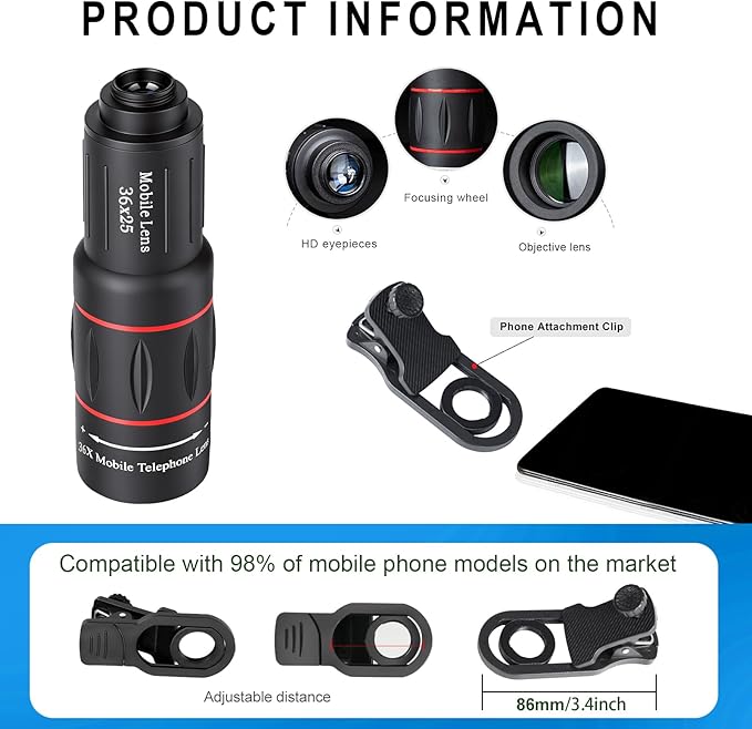 36X Telephoto Lens Kit for iPhone and Android Cell Phones, Long Focus Telephoto Phone Lens with Universal Clip, Suitable for Outdoor Picture Video Taking