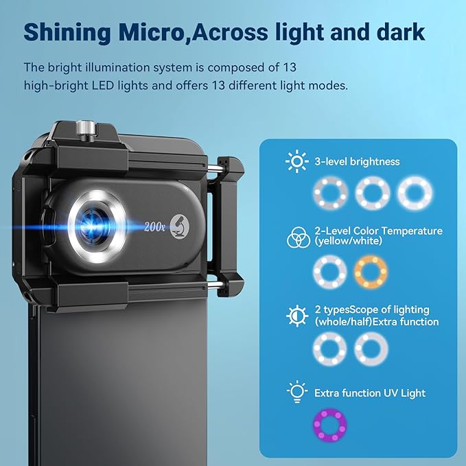 MIAO LAB 100X/150X/200X Nano Zoom Phone Microscope Lens for iPhone/Android | 3-in-1 Phone Microscope Lens Kit with LED UV Light/CPL/Universal Clip, Mini Pocket Digital Microscope