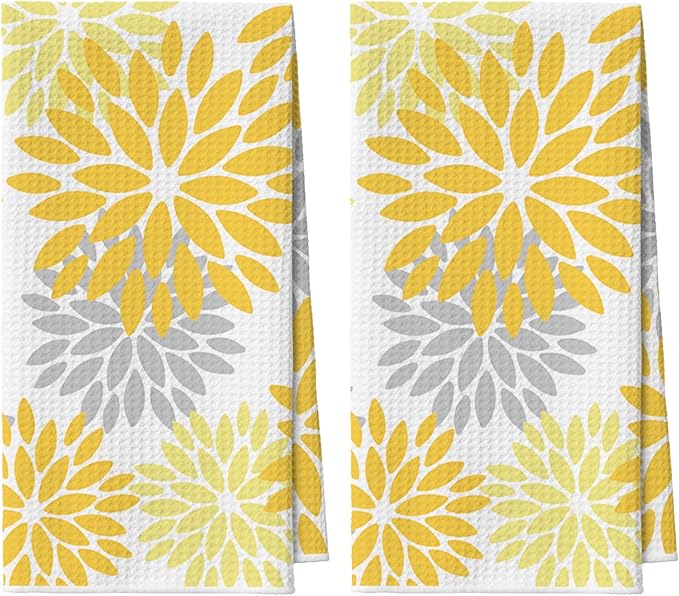Artoid Mode Yellow Dahlia Floral Kitchen Towels Dish Towels, 18x26 Inch Quick Dry Microfiber Cloth Hand Towels for Kitchen Drying Set of 2