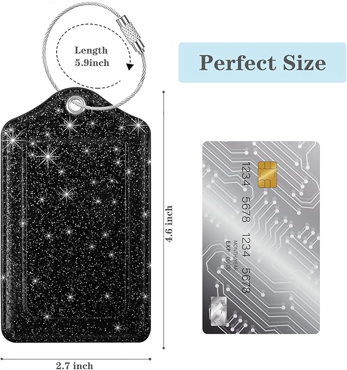 (Set of 2) Luggage Tag Leather Privacy Cover ID Label Address Card with Stainless Steel Loop, Travel Bag Tags Suitcase Labels, Black Glitter