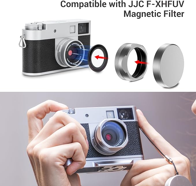 JJC Metal Square Lens Hood Shade with Lens Cap for Fuji Fujifilm X Half XHalf Compact Camera, X Half Protective Lense Cover with Cap Keeper, Anti-Scratch, Anti-Lost, Dark Gray Color
