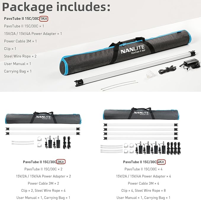 NANLITE PavoTube II RGBWW LED Light Tube, Color RGBWW LED Pixel Tube Photography Handheld LED Video Lighting Wand with AC Chargers, Mounts, and Case Battery Powered(PavoTube II 30C 4Kit)