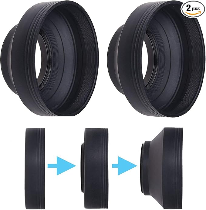 Camera Lens Hood - Rubber - Set of 2 - Collapsible in 3 Steps - Sun Shade/Shield - Reduces Lens Flare and Glare - Blocks Excess Sunlight for Enhanced Photography and Video Footage