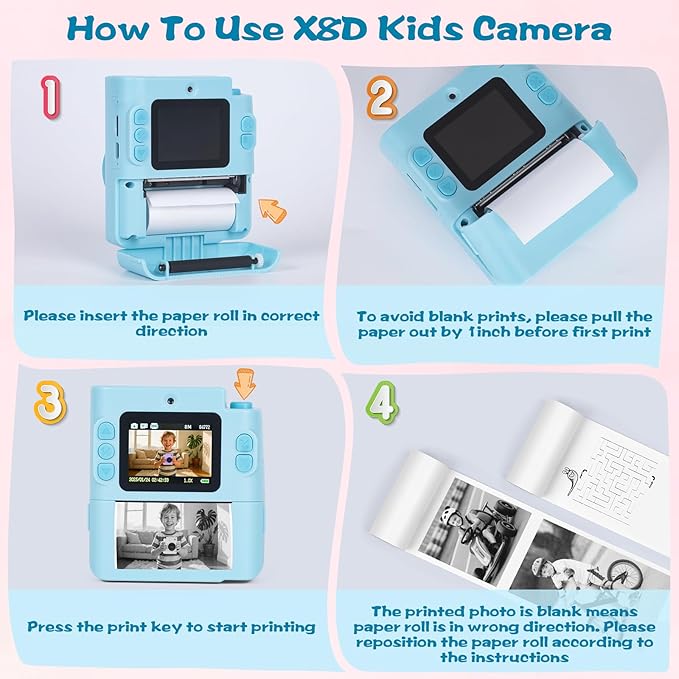 Kids Camera Instant Print, 1080P HD Dual-Lens Selfie Digital Camera with 5 Printing Paper Rolls & 32G TF Card, for Children, Portable Toddler Toy for Age 3-12 Boys & Girls (Blue)