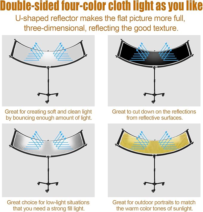 Clamshell Light Reflector Diffuser with Rolling Stand and Carrying Bag, 70"x24"/180x60cm Arclight Curved Lighting Reflector for Photo Studio Photography with White/Gold/Silver/Black Colors by MCCKLE