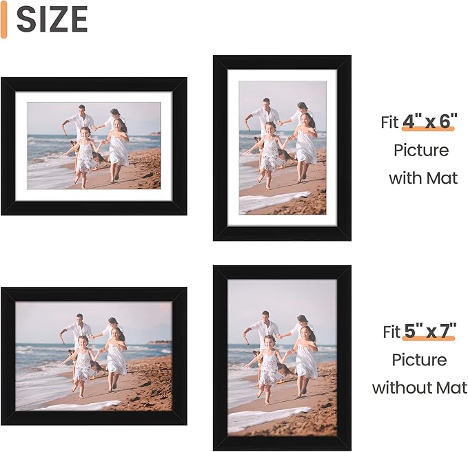 upsimples 5x7 Picture Frame Set of 10, Display Pictures 4x6 with Mat or 5x7 Without, Multi Photo Frames Collage for Wall or Tabletop Display, Black