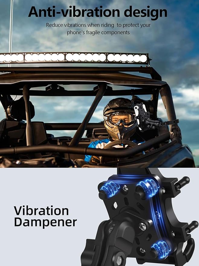 Anti-Vibration UTV Phone Mount Heavy Duty, Full Protection SXS Phone Holder with Aluminum Bracket Fit for 1.75-2" Roll Cage, Adjustable UTV Cell Phone Holder Holds 4.7-7.1" Phones