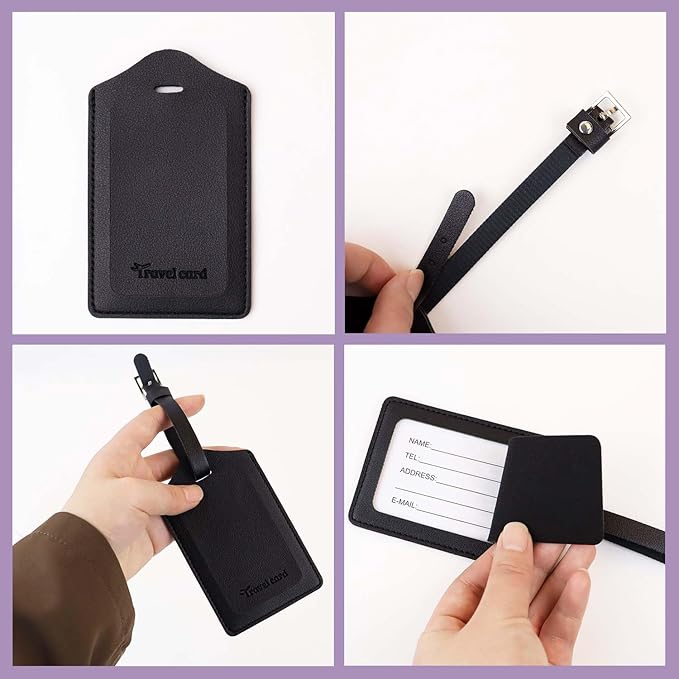 2 Pack Leather Luggage Tags Travel Luggage Name Tag Bag Tags Leather Suitcases Tags for Luggage Id Tags with Cover Privacy Protection Suitcase Labels Travel Accessories (Black & Purple)