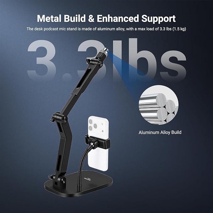 NEEWER Desk Microphone Stand with Phone Clamp & Flexible Arm, Adjustable Table Top Mic Holder Mount with 1/4" to 5/8" Screw Adapter Compatible with Blue Yeti Razer Seiren Mini, Max Load 3.3 lbs, MS022