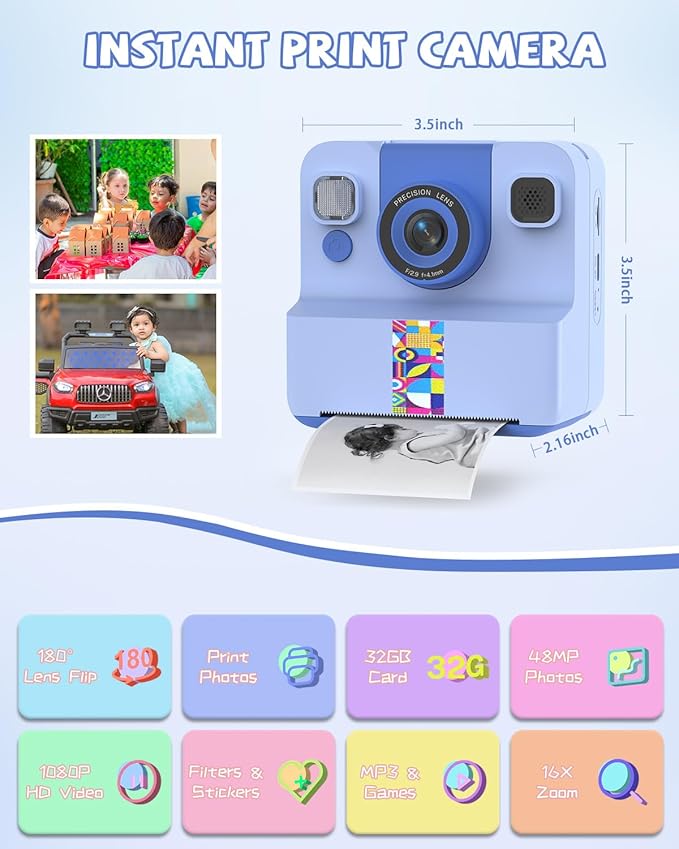 Kids Camera Instant Print, Digital Camera for Kids, 180° Rotating Selfie Lens with 32GB SD Card & 2 Rolls Printing Paper Kids Toy Birthday Gifts for Boys Girls Ages 3-12, Blue