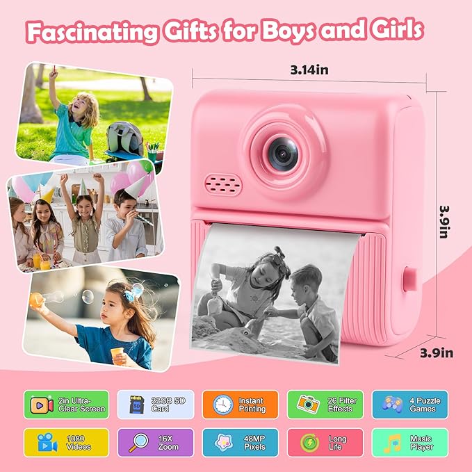 Kids Instant Print Camera,1080P Digital Camera for Kids with 32GB Card, for Grandkids,4 6 7 8 9 10 Year Old Girls Boys Birthday Gifts, Instant Print Toys for Girls 6-8 8-10