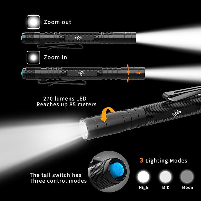 LED Pen Light, Zoomable Penlight Flashlight, 270 Lumens Pocket Size Clip Flashlight Small Mini Handheld Slim Flash Light for Nurse, Medical, Inspection, Repair, Engineer, Doctor