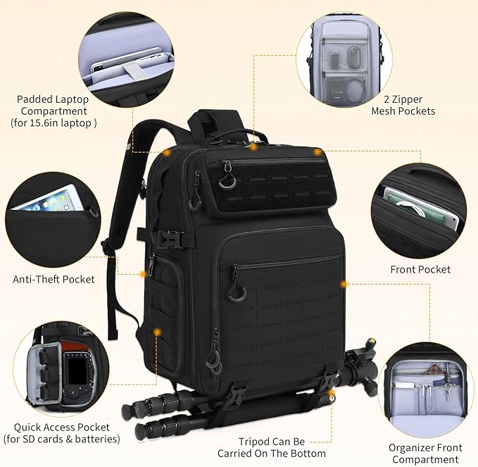 HAMBOLY Professional Camera Bag Backpack, Large Waterproof Photography Bag Case for DSLR/SLR/Mirrorless Camera with Tripod Holder/15.6’’ Laptop Compartment/Rain Cover