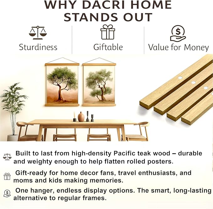 DACRI HOME Magnetic Poster Hanger Frame - Teak Wood, 12 inch Sturdy Magnetic Frame with Strong Magnets for Hanging Posters, Pictures, Scroll Wall Art, 12x16 12x18 12x24, Natural Wood