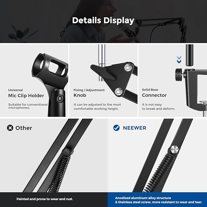 Neewer Microphone Arm Stand, Suspension Boom Scissor Mic Arm Stand with 3/8” to 5/8” Screw and Cable Ties Compatible with Blue Yeti, Snowball, Yeti X, Quadcast and Other Mics, Max Load 1.5kg