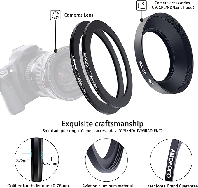 9pcs Step Down Ring Set,Camera Lens Adapter Ring 82-77mm/77-72mm/72-67mm/67-62mm/62-58mm/58-55mm/55-52mm/52-49mm/49-40.5mm.Made of CNC Machined Aluminum