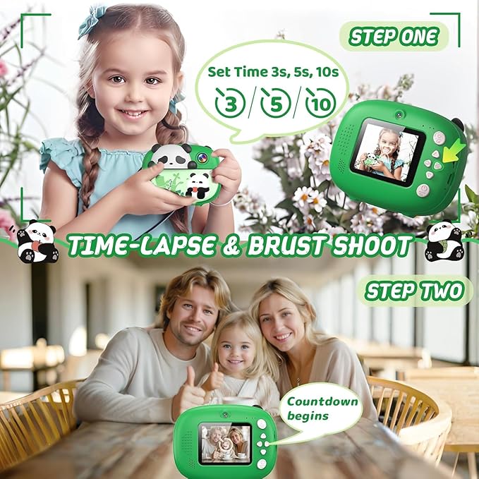 Panda Kids Camera Instant Print Photo with 32G Card, 1080P HD Video Instant Cameras Age 3-12, Digital Toddler Camera Toys with Color Pens for DIY 3-12 Year Old Girls Boys Gifts Birthday, Green
