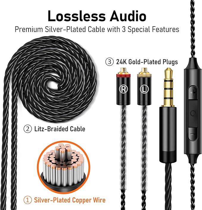 Vibes 202M Wired Earbuds - HiFi in Ear Monitor Headphones - Noise Isolating Ear Buds w/ Mic - Clear Sound, Deep Bass & Comfort-Fit Gaming Earphones - MMCX to 3.5mm & Silver Plated Cord, Carrying Case