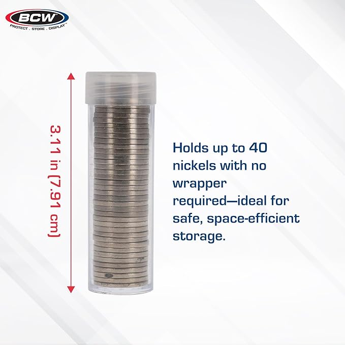BCW Coin Tubes for US Nickels – 10ct | Durable Plastic Storage with Airtight Lids | Holders for Collectors