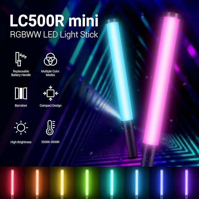 Godox LC500R Mini RGB LED Video Light Stick Lighting, 2500K-8500K Adjustable, CRI 95 TLCI 96 Accurate Color, 360° Full-Color LED Light, 15 FX Lighting Effects, 0-100% Dimmable Support APP Control