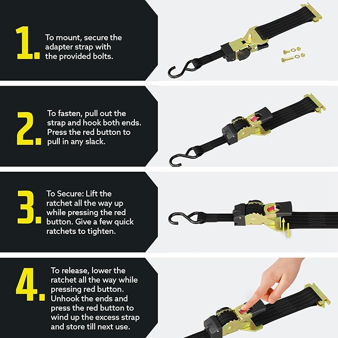 DC Cargo Mall Retractable Ratchet Straps - E-Track and Bolt-On Mounting Options (2 Pack) 1" x 6' - 4,000lbs Break Strength Heavy Duty Auto Self Retracting Tie Down Straps