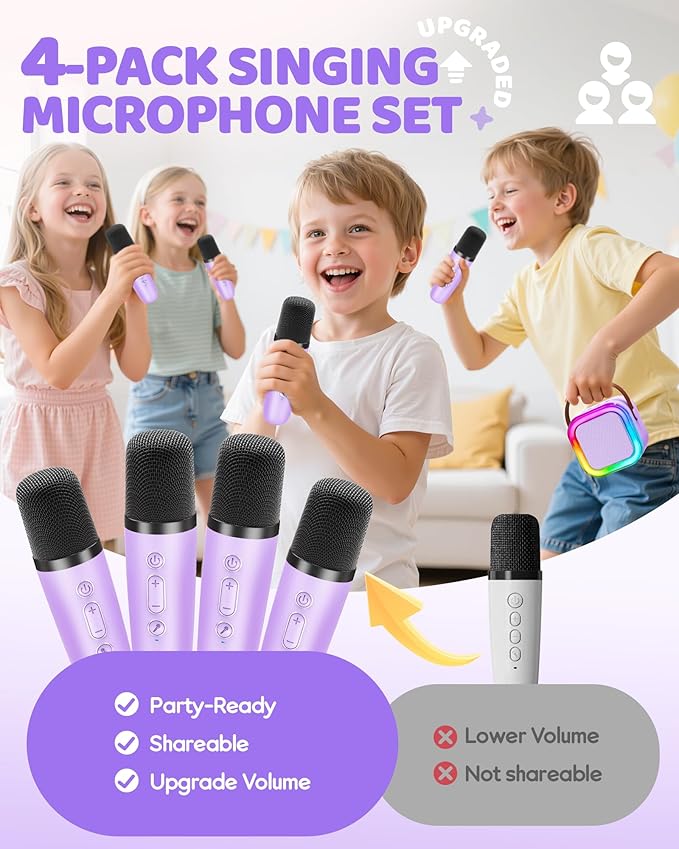 Mini Karaoke Machine for Kids, 2026 TOP Toys Birthday Gifts Ideas for Girls Ages 4, 5, 6, 7, 8, 9, 10, 12+ Years Old, Portable MP3 Player with 4 Wireless Mics for Family Home Party