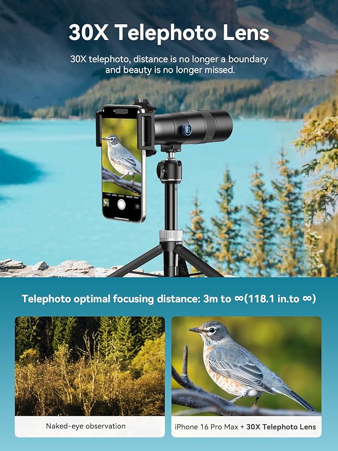 MIAO LAB 30X Telephoto Lens, High Power HD Telephoto Phone Lens with Adjustable Tripod and Universal Phone Clip, Phone Lens Attachment for iPhone 17/16/15/14/13 Series, Android and Most Smartphone