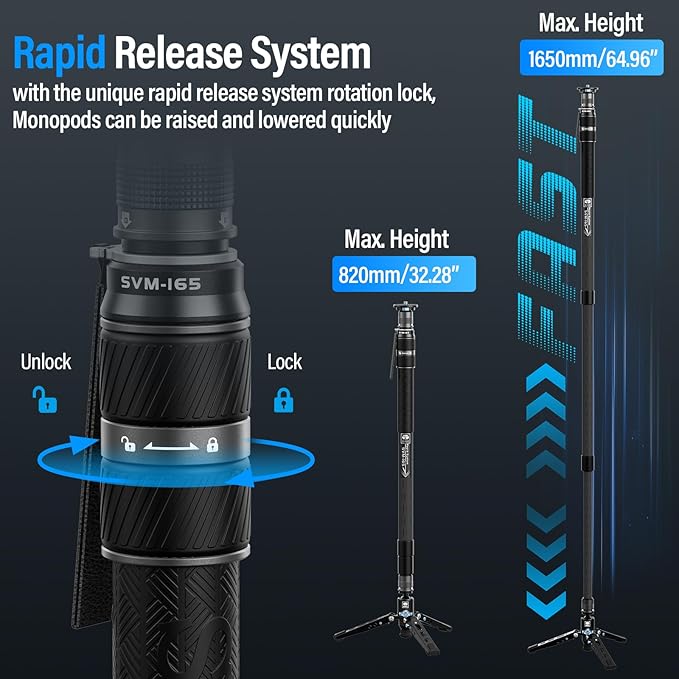 SIRUI SVM-165 Rapid Monopod for Cameras, 65” Carbon Fiber Monopod with Feet, One-Step Rapid Height Adjustment, Lightweight for DSLR Camera, Modular 3 in 1, Max Load 22lbs