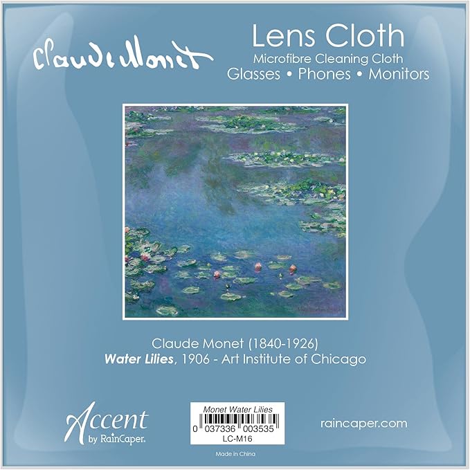 Quality Microfiber Lens Cleaning Cloth - 6”x6” - for Eyeglasses, Sunglasses, Phones, Screens, Blue-Light Glasses, Monitors - Fine Art Design - Monet Water Lilies