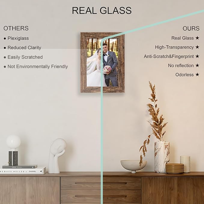 5.5 x 8.5 Diploma Frame Set of 4, Made of Real Glass and Rustic Brown Frame, 5.5 by 8.5 Photo for Wall or Tabletop