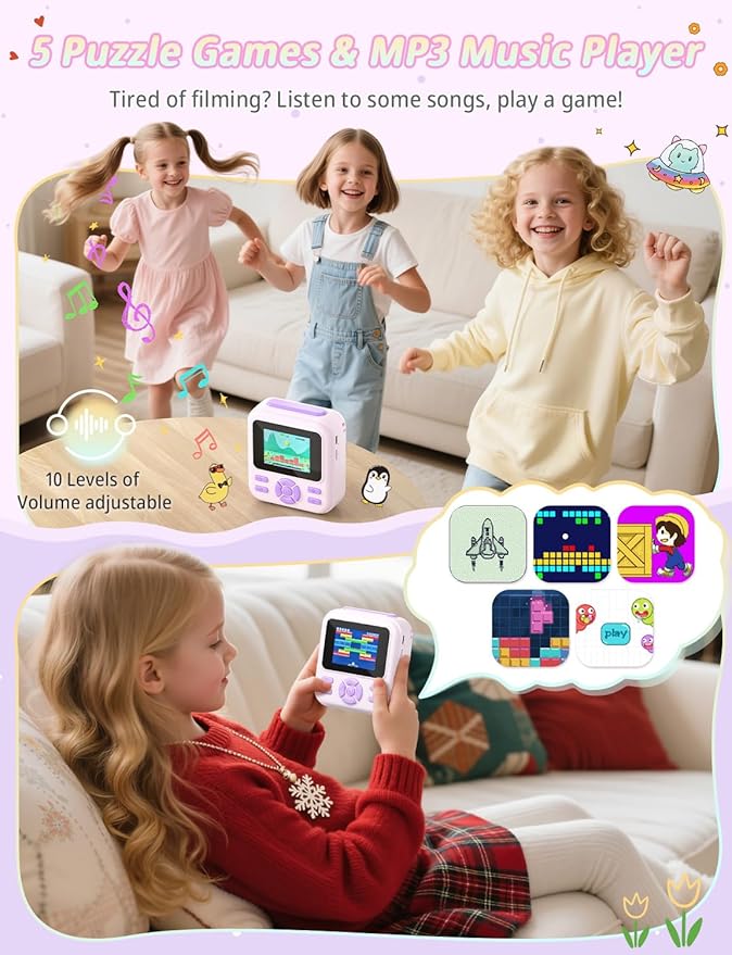 Kids Camera Instant Print, 1080P HD Digital Video Kids Instant Camera for Girl Boys, Toddler Toys for Children Age 3-12 with 3 Rolls Print Paper & 32G Card (Purple)