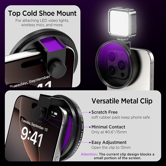 67mm Variable ND2-ND400 Filter for Phone, AR-Coated VND Lens with Metal Cold Shoe Clip, Adjustable Neutral Density Filter Compatible with iPhone 16 15 14 13 Pro Max Plus Samsung Galaxy Moto Google TCL