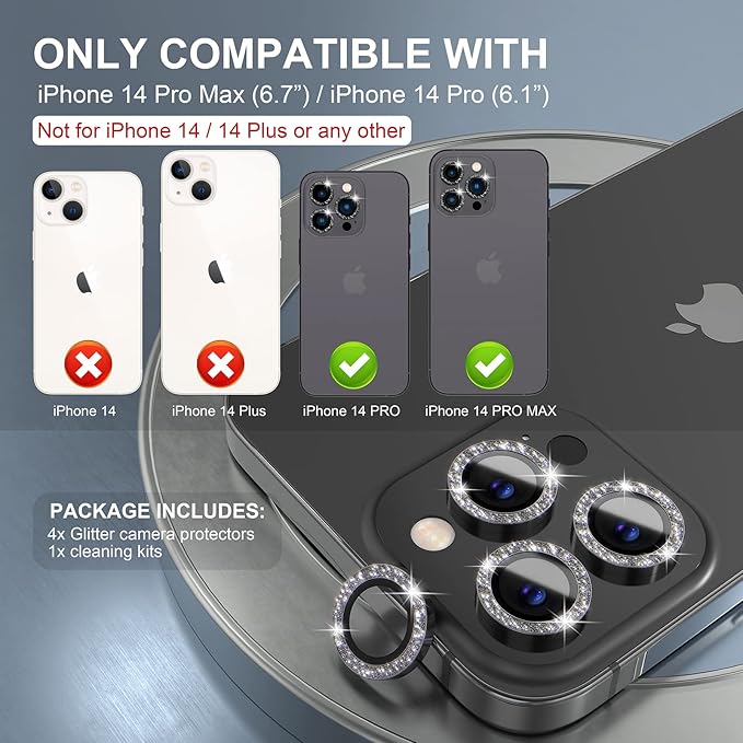 Choiche Compatible for iPhone 14 Pro/iPhone 14 Pro Max Camera Lens Protector Bling, 9H Tempered Glass Camera Cover Screen Protector Metal Ring Decoration Accessories (Glitter-Black)