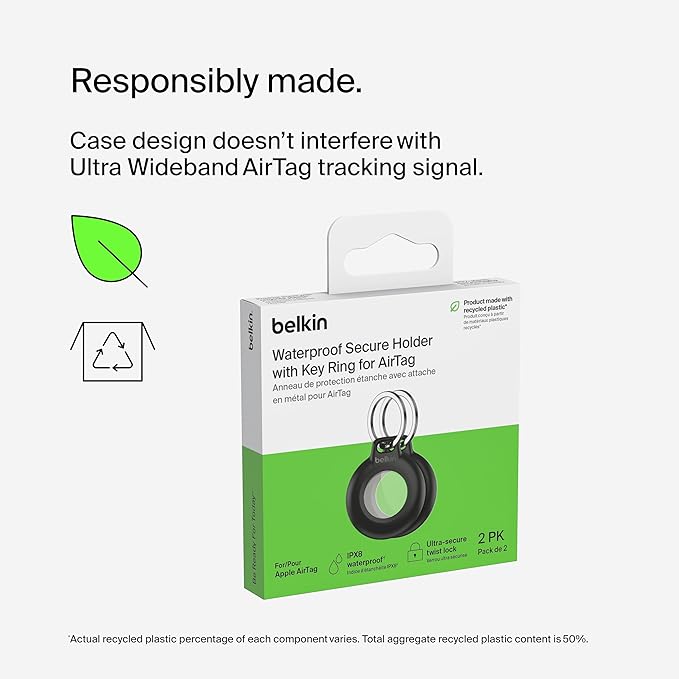 Belkin Waterproof Apple AirTag Secure Holder with Key Ring - Durable Scratch-Resistant AirTag Case, Protective Keychain Accessory for Keys, Pets, Luggage, Backpacks, and More - Black (2-Pack)