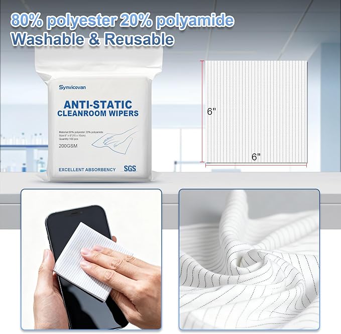 Synvicovan Anti-Static Microfiber Wipes 6"x6"(100 Pcs,Class 100, 200GSM) Lint Free Cloths Reusable Special ESD protection design is suitable for protecting sensitive electronic components and tools