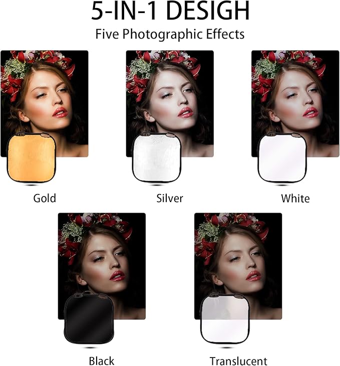 Selens 32 Inch Photography Reflector with Handle, 5 in 1 Collapsible Square Reflectors for Photo Studio Video Outdoor Accessories