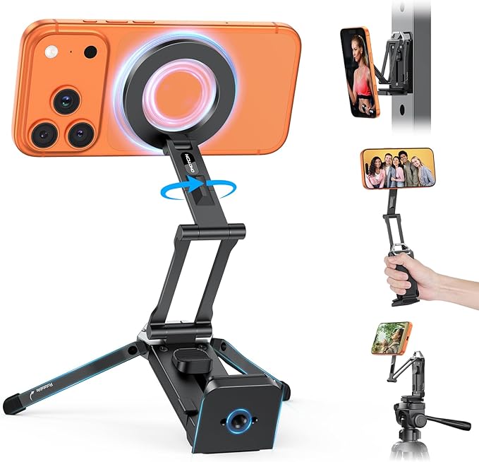 OMOTON 360°Rotating for MagSafe Tripod, New Upgrade with 1/4" Screw Arca, Adjustable Magnetic Phone Tripod for iPhone 17/16/15 Pro Max Air, Foldable Selfie Stick Fits Vlog, Gym, Travel Essentials